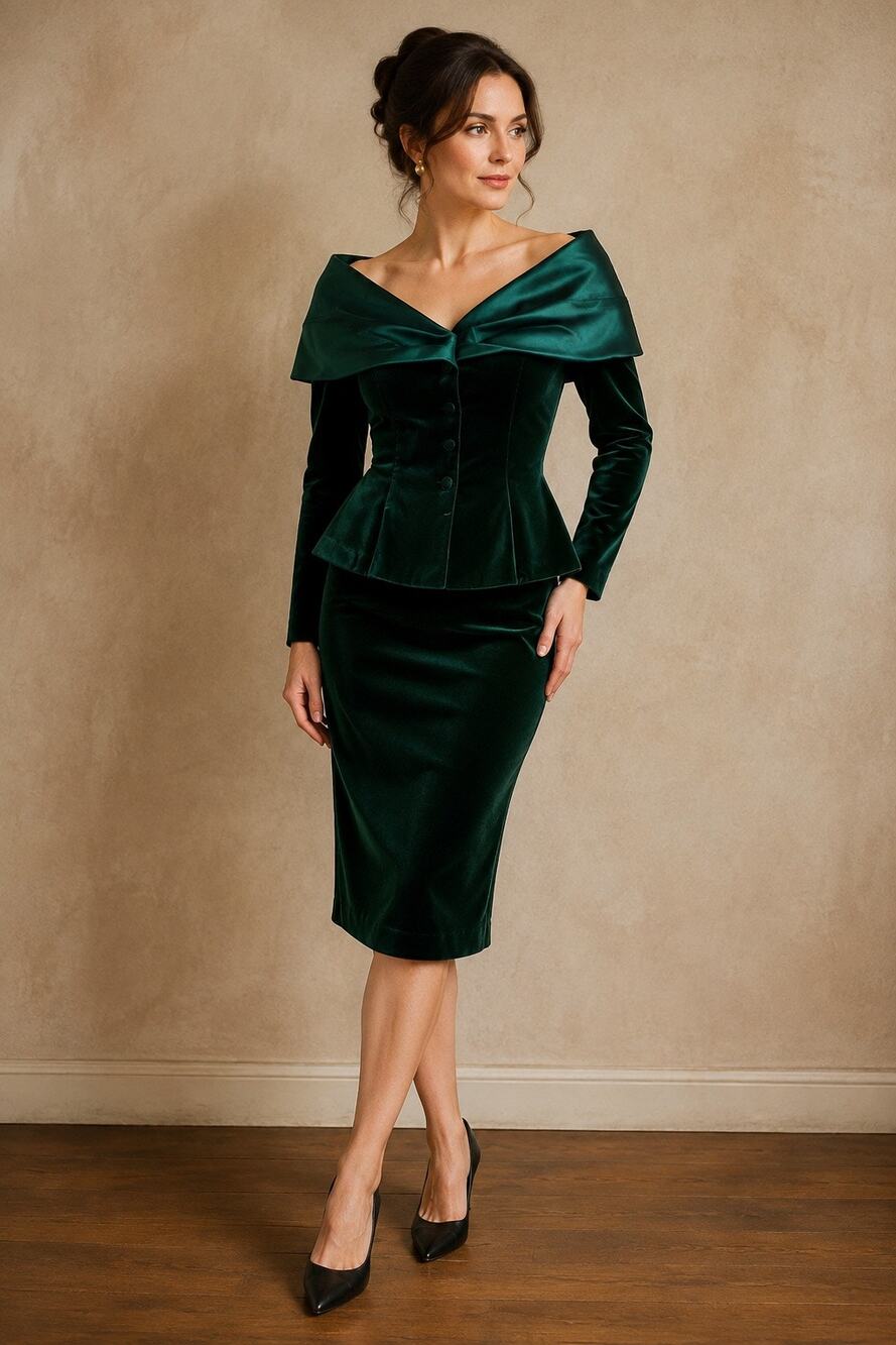 NWT Vintage Night Way Emerald Green Velvet Skirt Suit Set Size 10 Holiday Formal